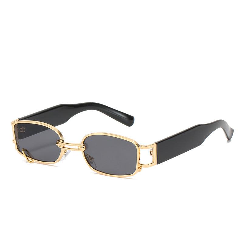 Trendy Korean style female sunglasses with square black lenses and gold frame