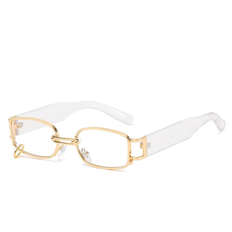 Trendy Korean style female sunglasses with square gold frame and clear wide arms, UV400 protection