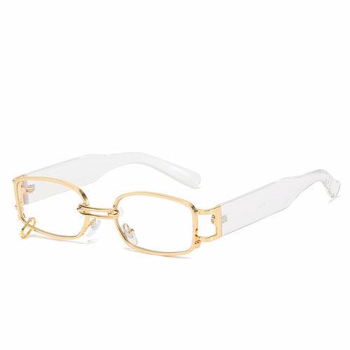Trendy Korean style female sunglasses with gold square frame and clear lenses