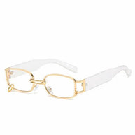 Trendy Korean style female sunglasses with gold square frame and clear lenses