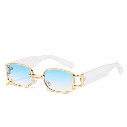 Korean style trendy female sunglasses with square blue gradient lenses and gold frame