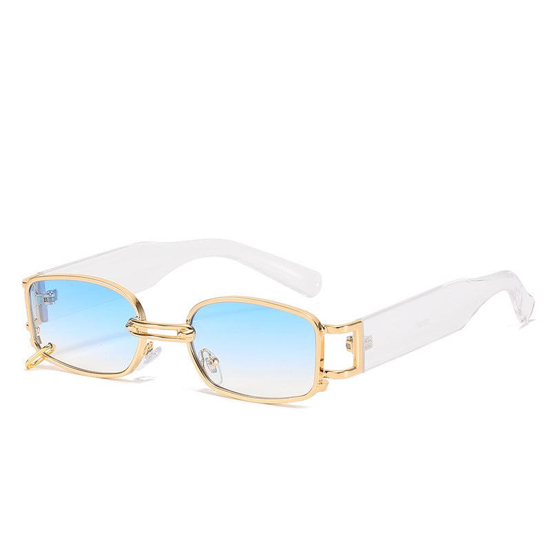 Trendy Korean style female sunglasses with square blue gradient UV400 lenses and gold frame
