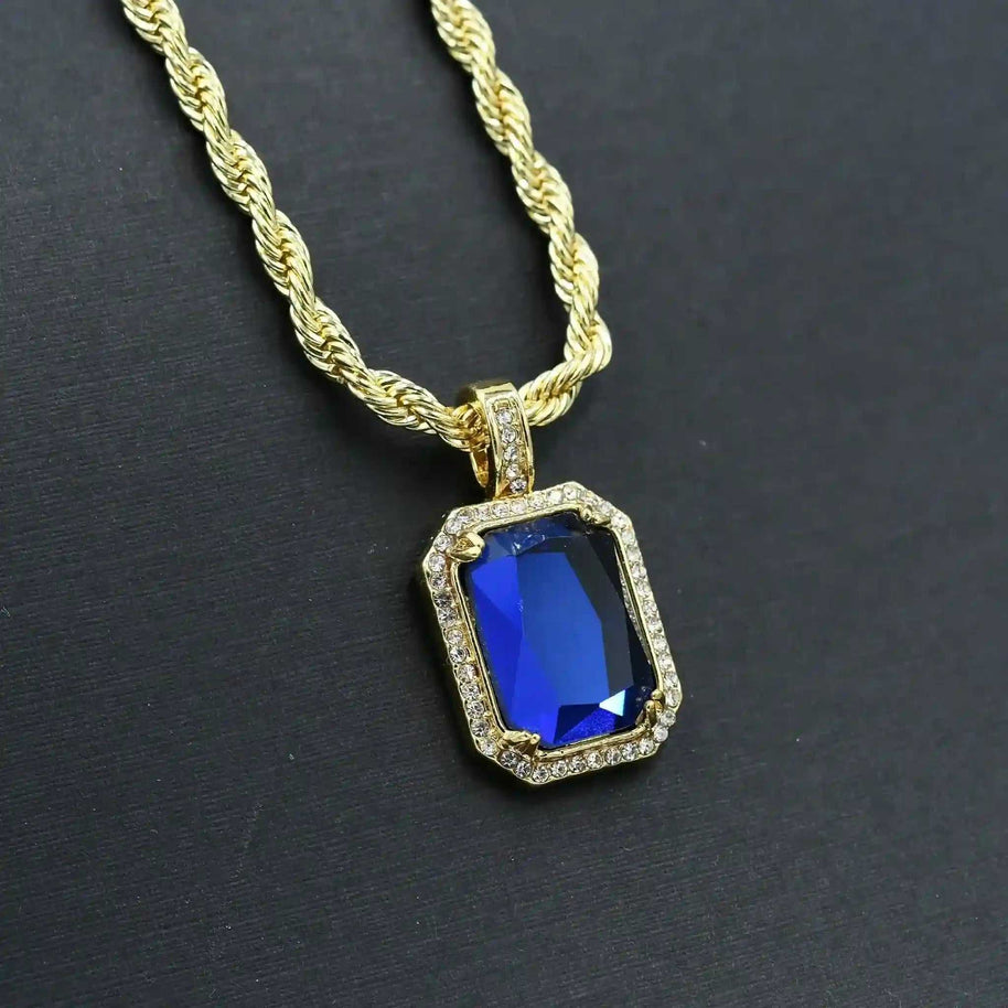 Blueshine Rectangle Pendant Necklace with sapphire-color crystal and crystal-studded border on gold rope chain