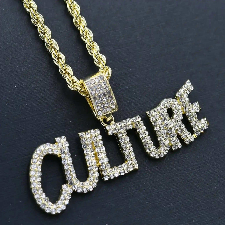 Culture Hip-Hop Chain Set with crystal-encrusted "Culture" pendant on 24-inch gold rope chain