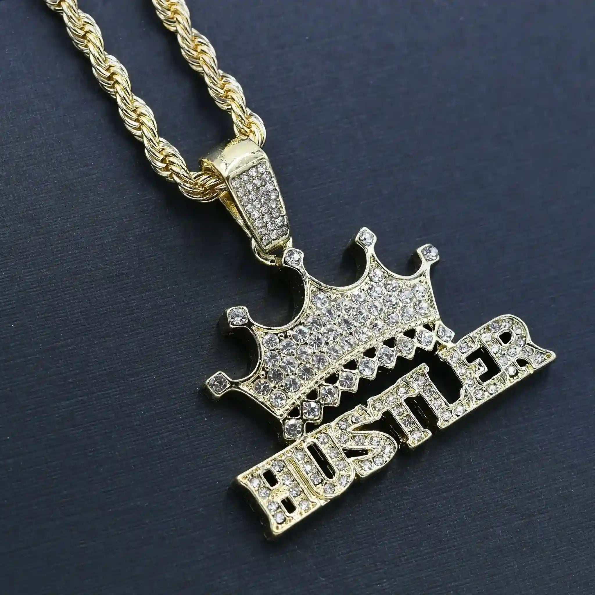 Hustler Charm Hand Chain gold rope chain with crystal-encrusted crown pendant
