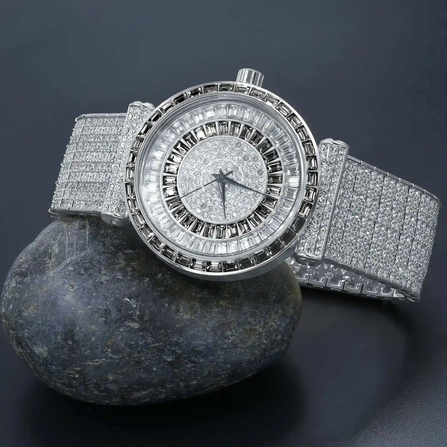 Foxy CZ Iced Steel Watch with cubic zirconia-studded bezel and dial, stainless steel bracelet, and precise Japanese quartz movement