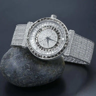 Foxy CZ Iced Steel Watch with cubic zirconia-studded bezel and dial, stainless steel bracelet, and precise Japanese quartz movement