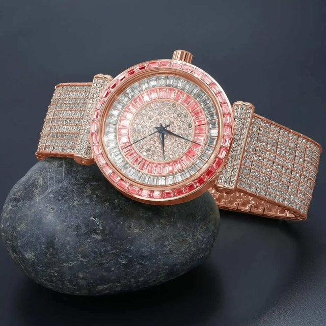 Foxy Iced CZ Watch rose gold with full cubic zirconia-encrusted bezel and dial on black stone background