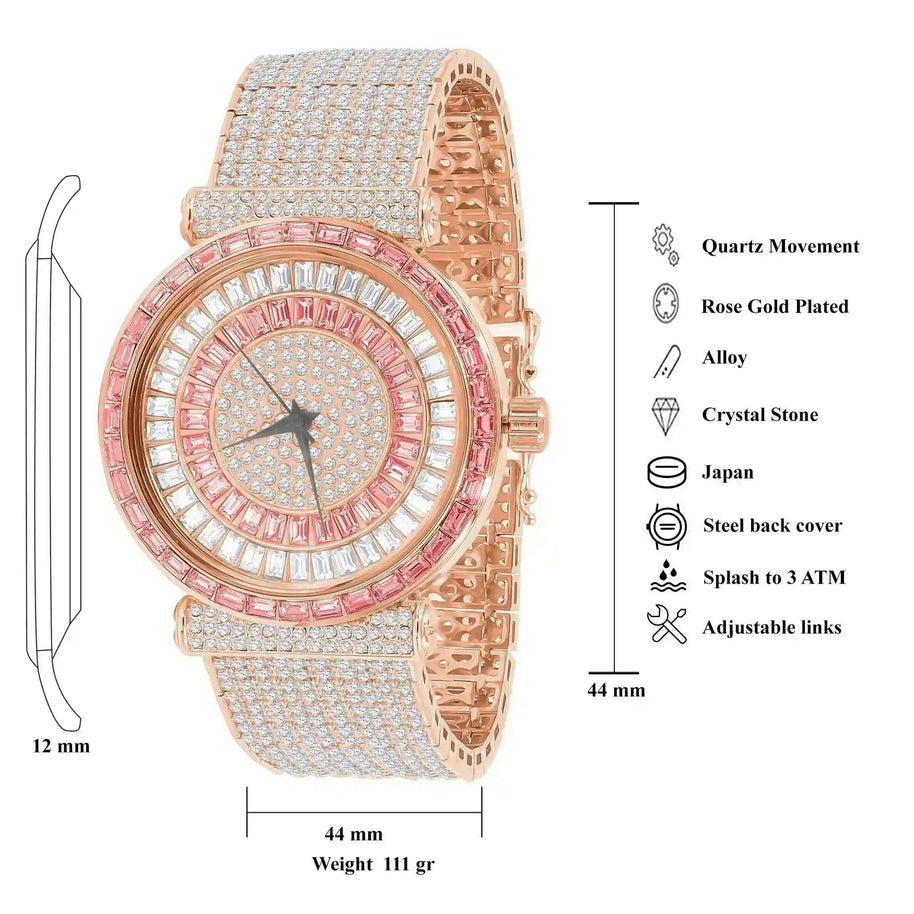 Rose gold plated Foxy Iced CZ Watch with full CZ-encrusted bezel and dial, quartz movement, and splash resistance.
