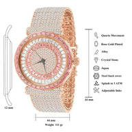 Rose gold plated Foxy Iced CZ Watch with full CZ-encrusted bezel and dial, quartz movement, and splash resistance.
