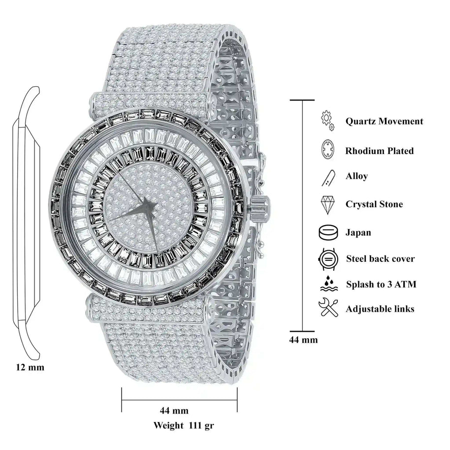Foxy CZ Iced Steel Watch with cubic zirconia bezel, stainless steel case and bracelet, Japanese quartz movement, splash-water resistant, 44mm diameter, rhodium plated alloy design