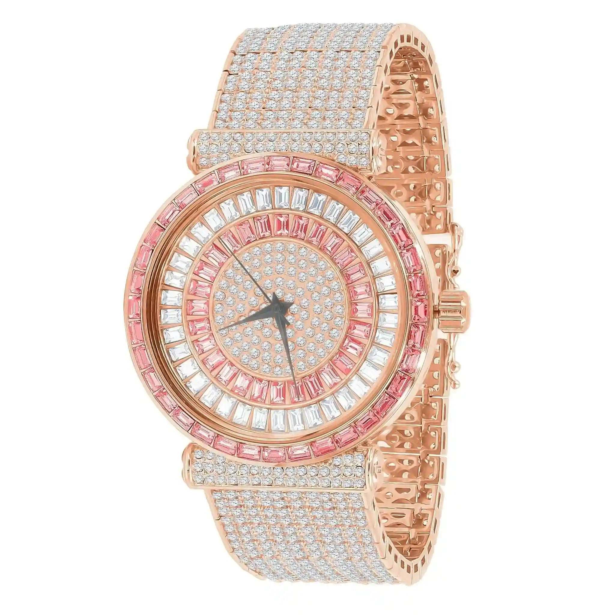 Foxy Iced CZ Watch with cubic zirconia-encrusted bezel and dial, rose gold rhodium plating, and stainless steel back.