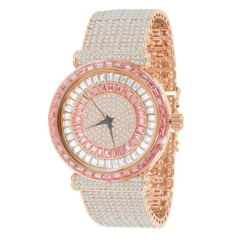 Foxy Iced CZ Watch with cubic zirconia-encrusted bezel and dial, rose gold rhodium plating, and stainless steel back.