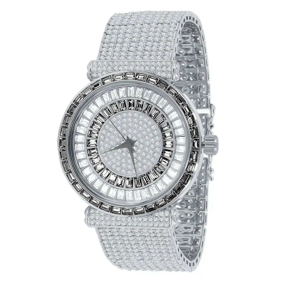 Foxy CZ Iced Steel Watch with cubic zirconia-studded bezel and stainless steel bracelet