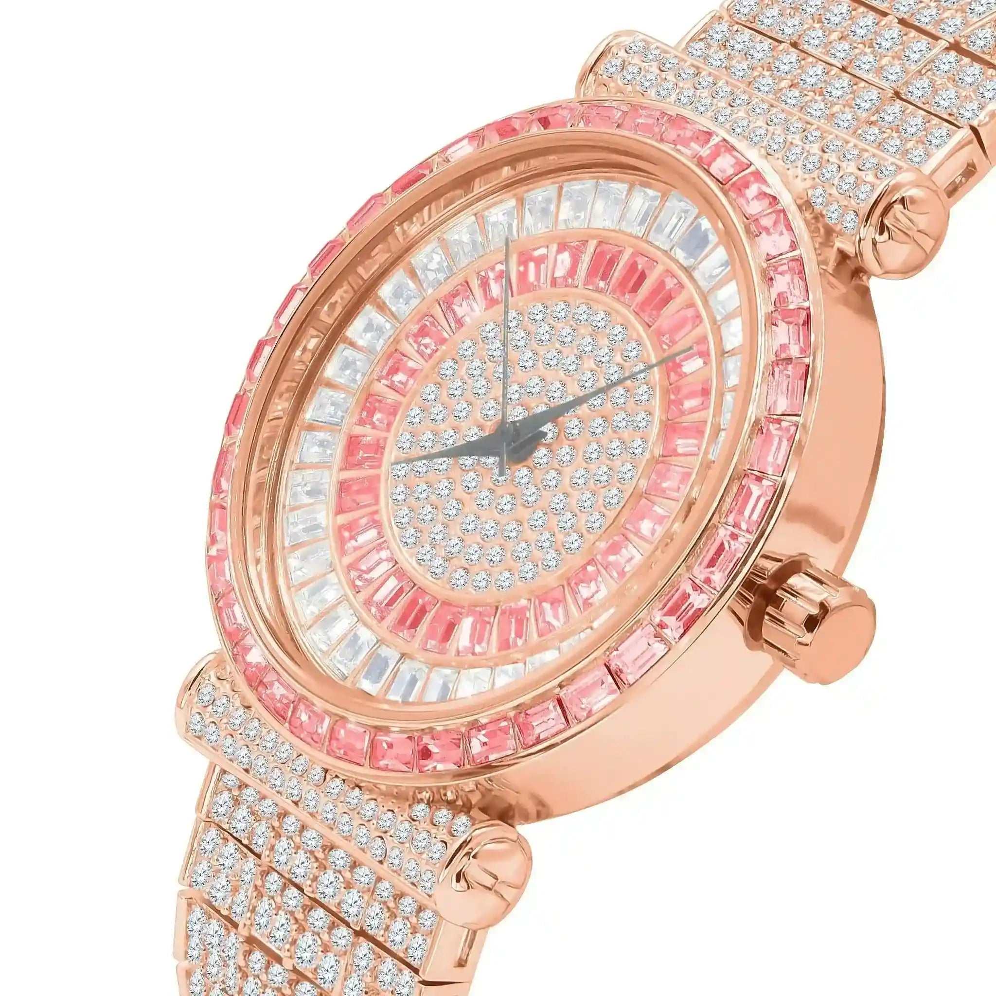 Foxy Iced CZ Watch with rose gold rhodium plating and full cubic zirconia-encrusted bezel and dial