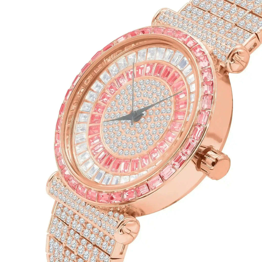 Foxy Iced CZ Watch with rose gold rhodium plating and full cubic zirconia-encrusted bezel and dial