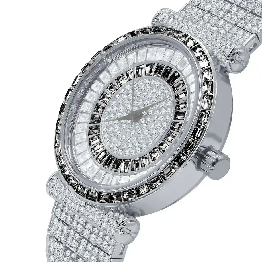 Foxy CZ Iced Steel Watch with cubic-zirconia bezel and dial, stainless steel case and bracelet, Japanese quartz movement, and splash-water resistance
