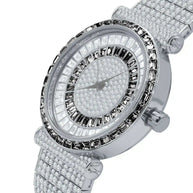 Foxy CZ Iced Steel Watch with cubic-zirconia bezel and dial, stainless steel case and bracelet, Japanese quartz movement, and splash-water resistance