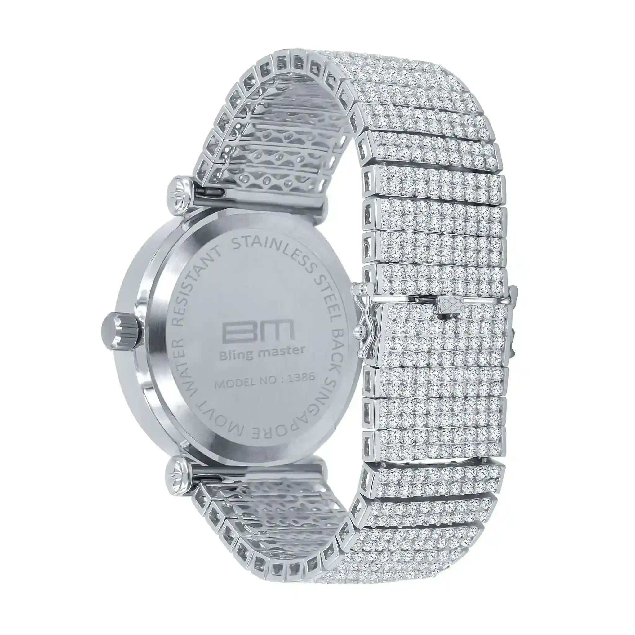 Foxy CZ Iced Steel Watch with cubic zirconia-studded stainless steel band and case, splash-resistant design