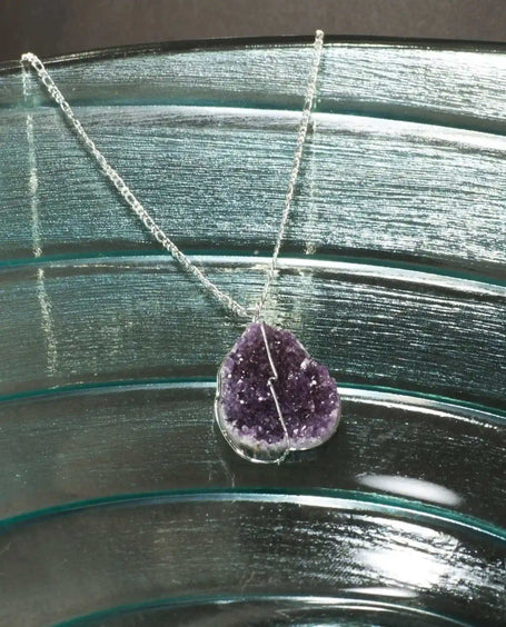 Drussy Crystal Necklace with genuine purple druse crystal pendant wrapped in silver wire on silver-plated chain