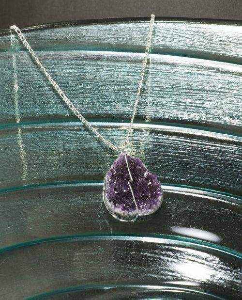 Drussy Crystal Necklace featuring genuine amethyst druse crystal pendant on silver-plated chain with wire wrapping for healing energy and stylish wear