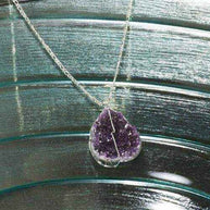 Drussy Crystal Necklace featuring genuine amethyst druse crystal pendant on silver-plated chain with wire wrapping for healing energy and stylish wear