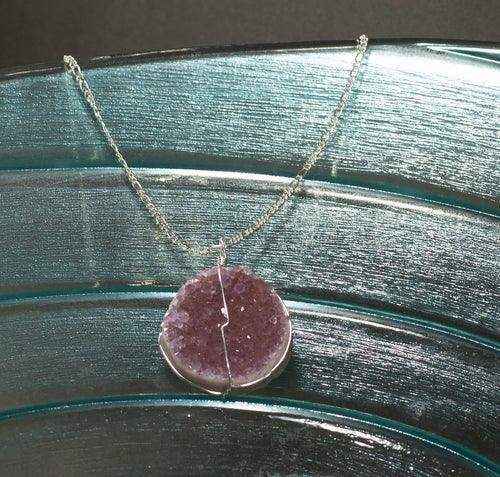 Drussy Crystal Necklace with genuine purple druse crystal pendant wrapped in silver wire on silver-plated chain