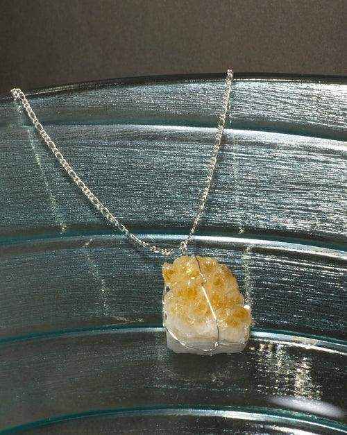 Drussy Crystal Necklace with genuine yellow druse crystal pendant wrapped in silver wire on silver-plated chain