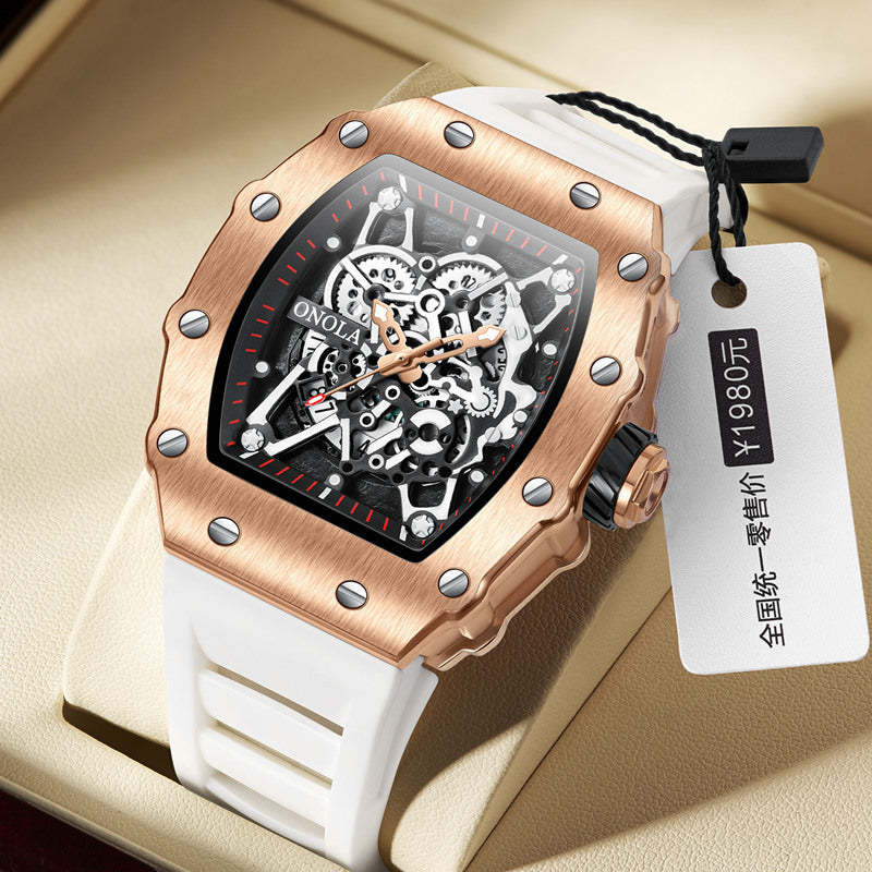 ONOLA Watch Automatic RX-Series limited edition with rose gold alloy case, white silicone strap, visible mechanical movement, and quartz precision