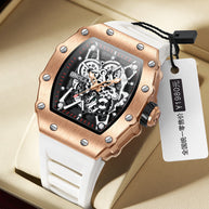 ONOLA Watch Automatic RX-Series limited edition with rose gold alloy case, white silicone strap, visible mechanical movement, and quartz precision