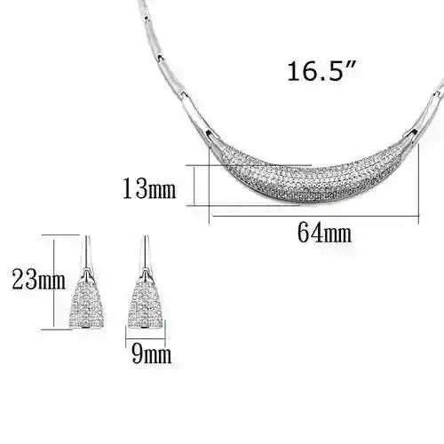 Rhodium CZ Jewelry Set with necklace and earrings featuring clear cubic zirconia and rhodium plating, elegant and durable design with dimensions displayed.