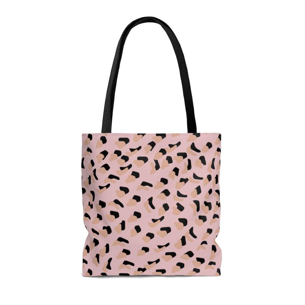 Pink leopard print medium shopper tote bag with black handles and lining