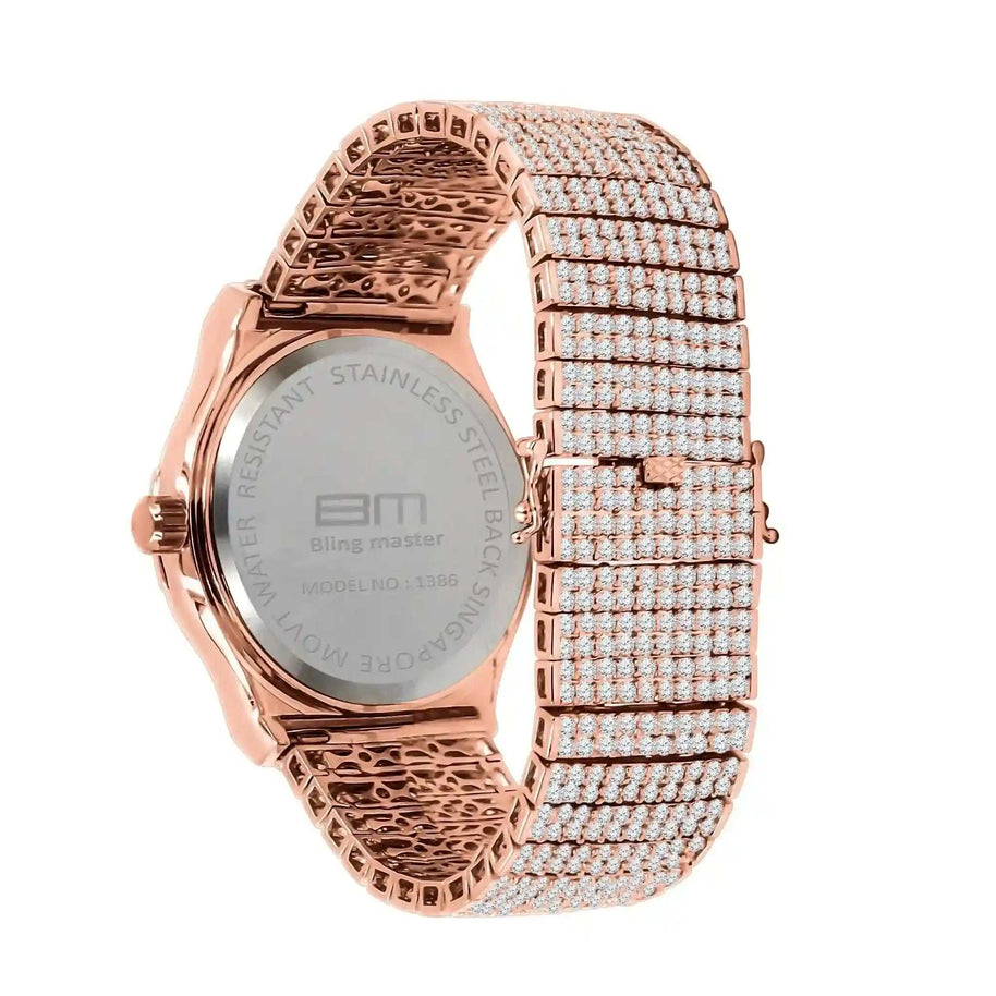 Back view of Gold Gallant CZ Watch with rose gold plated solid steel link bracelet encrusted with cubic zirconia crystals