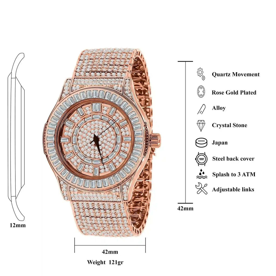 Rose gold plated Gold Gallant CZ Watch with cubic zirconia crystals, 42mm case, steel link bracelet, Japanese quartz movement, water-resistant to 3 ATM