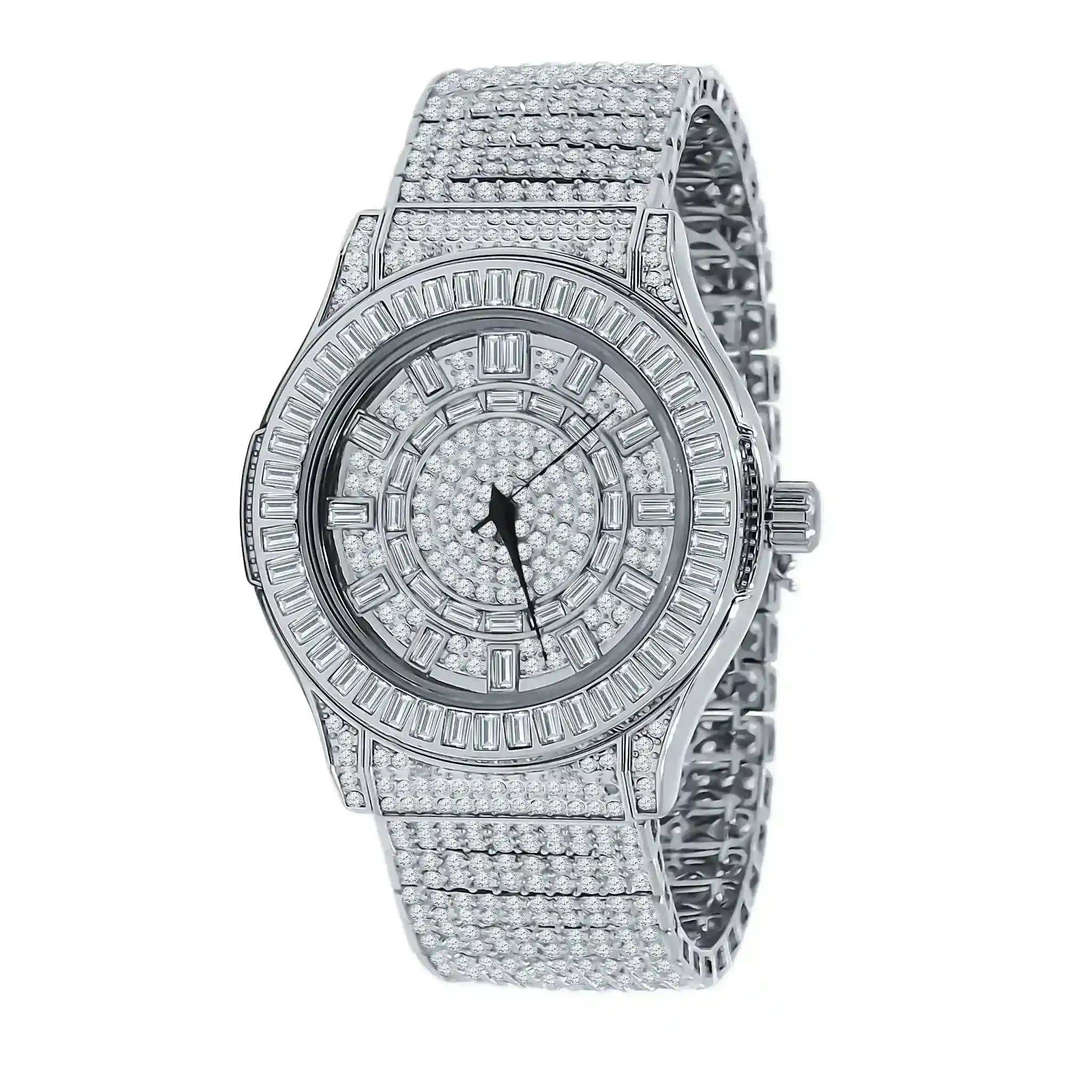 Gallant CZ Steel Watch with cubic zirconia stones, rhodium-plated alloy case, solid steel bracelet, and Japanese movement