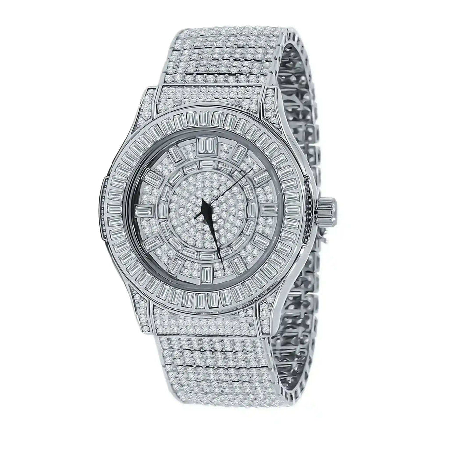 Gallant CZ Steel Watch with cubic zirconia stones, rhodium-plated alloy case, solid steel bracelet, and Japanese movement