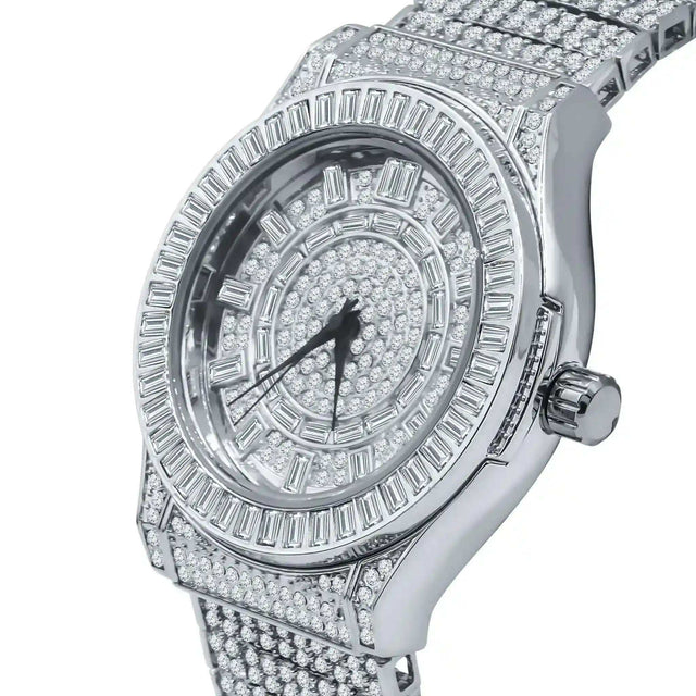 Gallant CZ Steel Watch with rhodium-plated case, solid steel link bracelet, and dazzling cubic zirconia stones