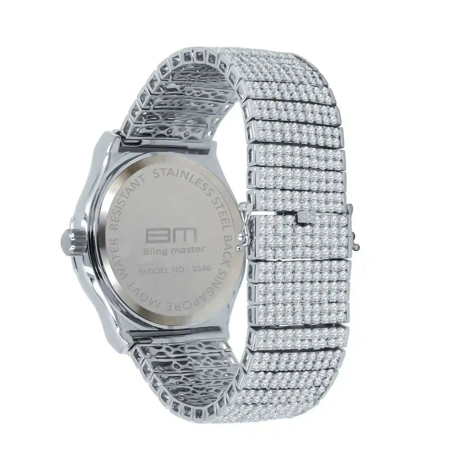 Gallant CZ Steel Watch with rhodium-plated alloy case and cubic zirconia stone-studded solid steel link bracelet, splash-resistant design.