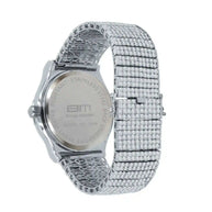 Gallant CZ Steel Watch with rhodium-plated alloy case and cubic zirconia stone-studded solid steel link bracelet, splash-resistant design.