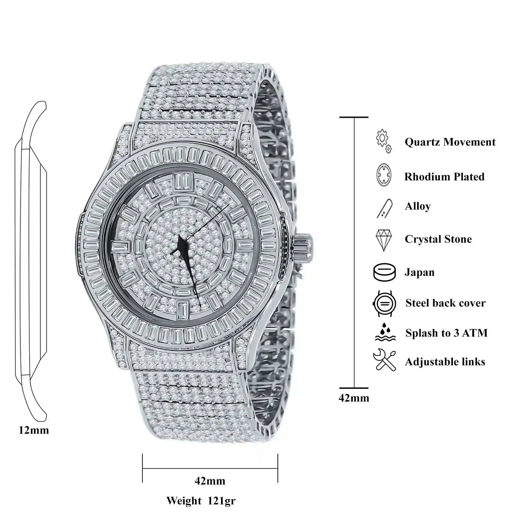 Gallant CZ Steel Watch rhodium-plated alloy case with crystal stones and steel bracelet, splash-resistant quartz movement timepiece