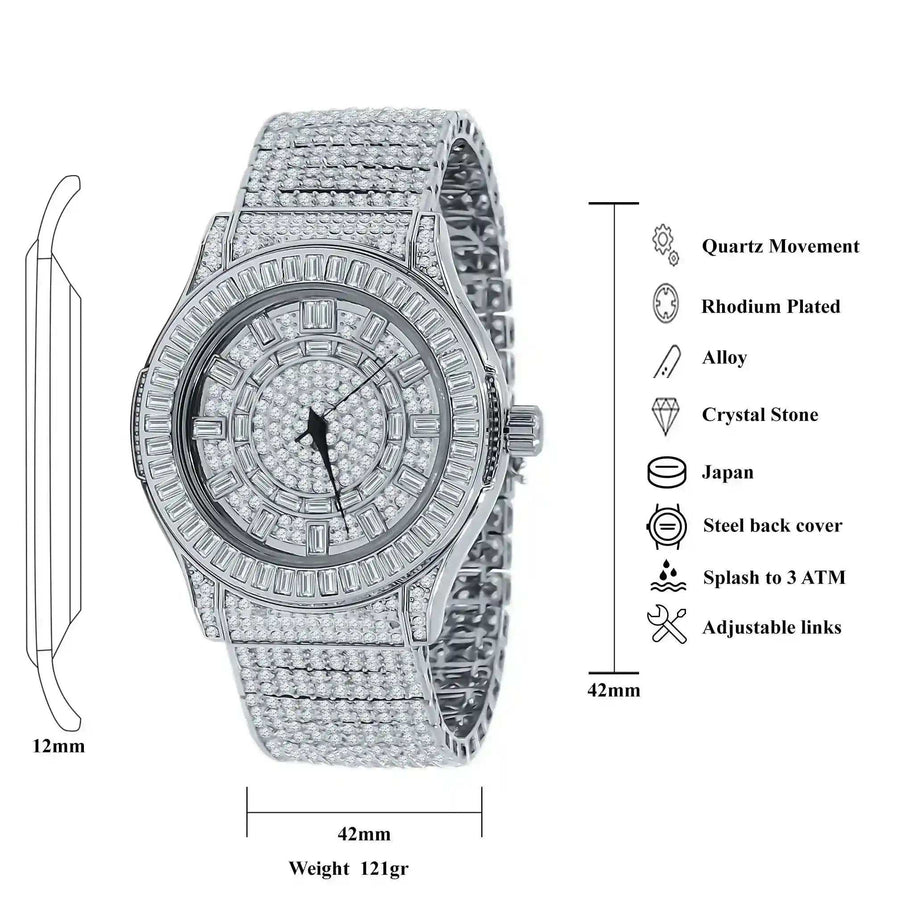 Gallant CZ Steel Watch rhodium-plated alloy case with crystal stones and steel bracelet, splash-resistant quartz movement timepiece