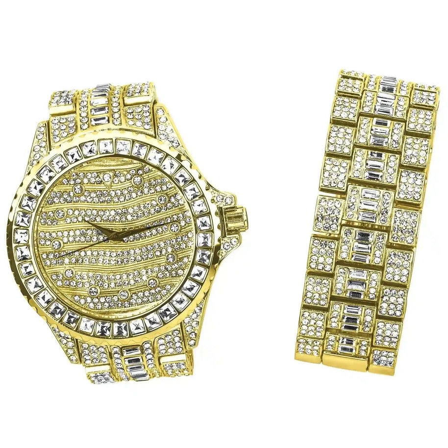 Monarch Bling Watch - Bracelet Set in gold with cubic zirconia and rhinestone wave pattern