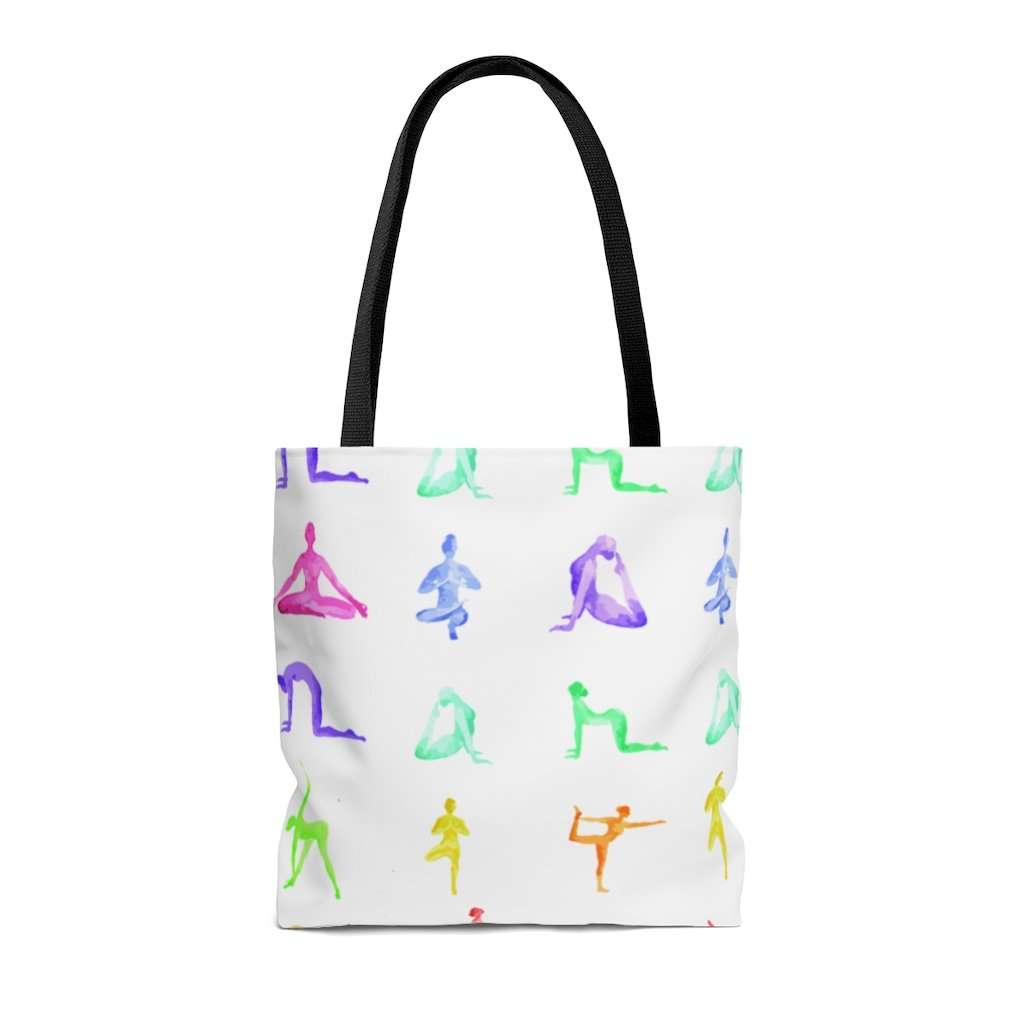 Yoga Sanctuary Everyday Tote Bag with colorful yoga poses print, black cotton handles, 100% polyester, medium size, practical and stylish design.