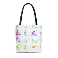 Yoga Sanctuary Everyday Tote Bag with colorful yoga poses print, black cotton handles, 100% polyester, medium size, practical and stylish design.