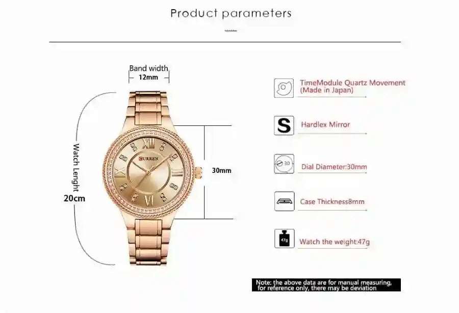Cassandra Classic Watch rose gold with 30mm dial, adjustable 12mm metal band, Japanese quartz movement, and Hardlex crystal.