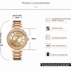 Cassandra Classic Watch rose gold with 30mm dial, adjustable 12mm metal band, Japanese quartz movement, and Hardlex crystal.