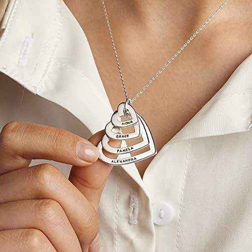 Grandma Heart Name Necklace with four interlocked personalized sterling silver hearts worn on a chain
