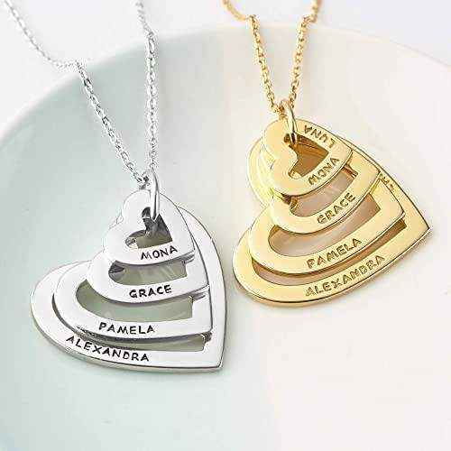 Two Grandma Heart Name Necklaces in silver and gold with four interlocked hearts engraved with personalized names