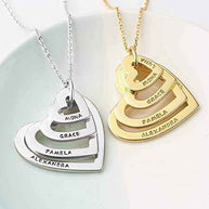Two Grandma Heart Name Necklaces in silver and gold with four interlocked hearts engraved with personalized names