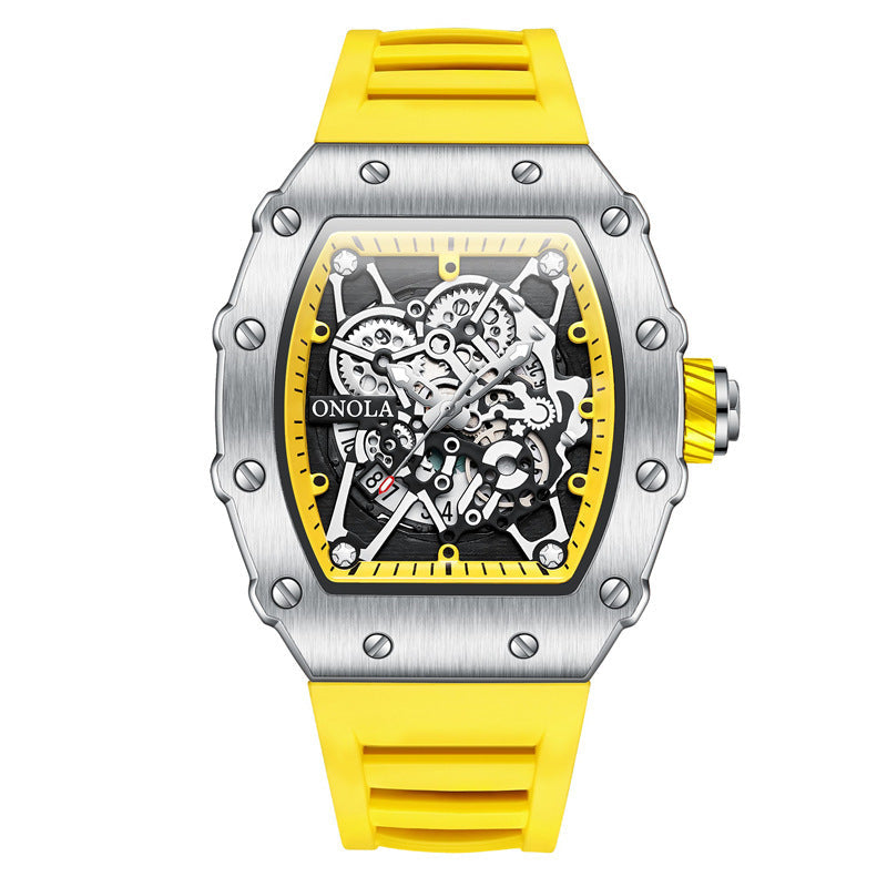 ONOLA Watch Automatic RX-Series with yellow silicone strap and alloy case, skeleton dial showing quartz movement, sporty design